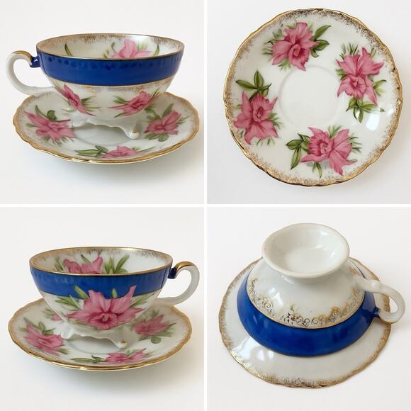 Porcelain Footed Tea Cup & Saucer Pink Orchid Flowers Cobalt Blue Gold - Picture 1 of 6